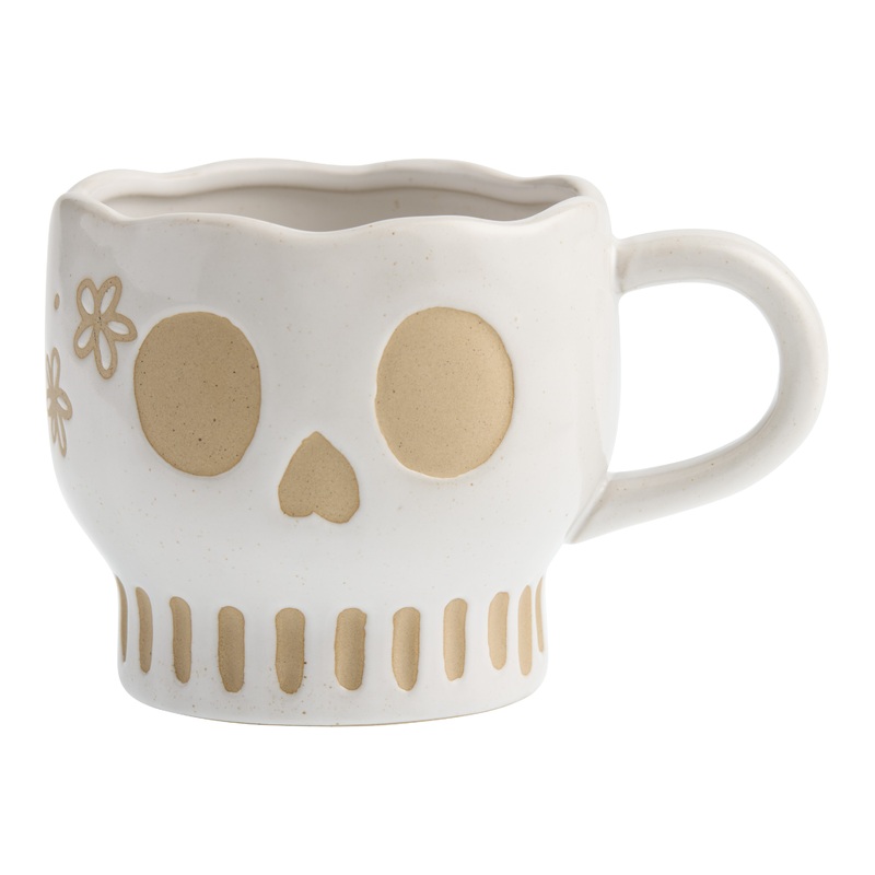 White Wax Resist Floral Skull Ceramic Mug