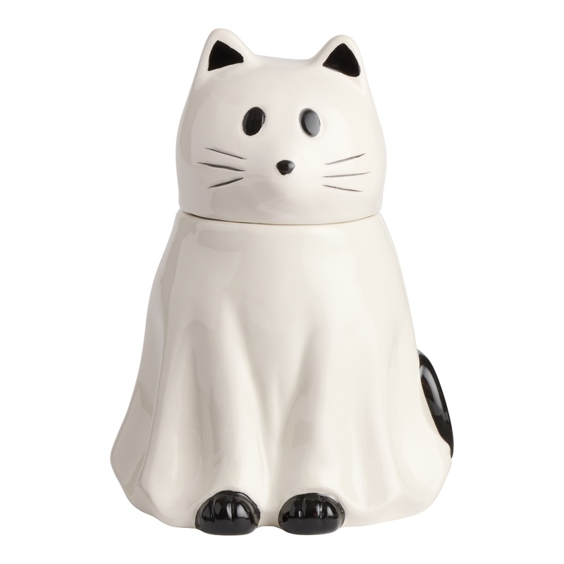 White and Black Ceramic Spooky Ghost Cat Figural Cookie Jar