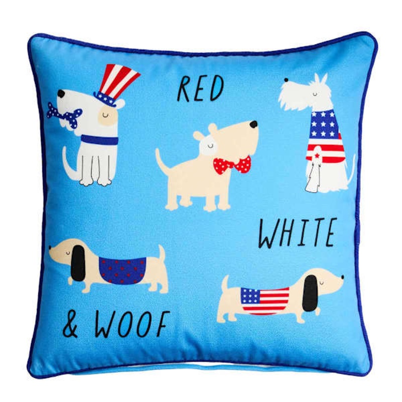 Sunny Club Patriotic Red & White & Woof Pillow with Piping