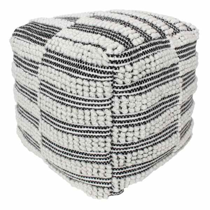 Black & Natural Outdoor & Indoor Fringe Pouf, 17″