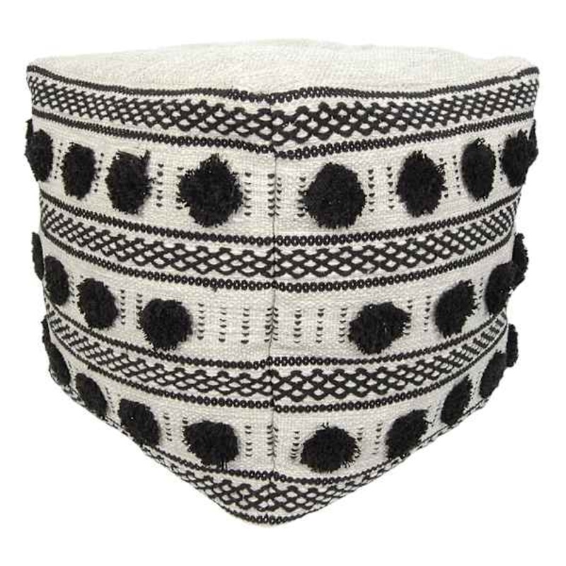 Black & White Fringed Outdoor Pouf, 18″