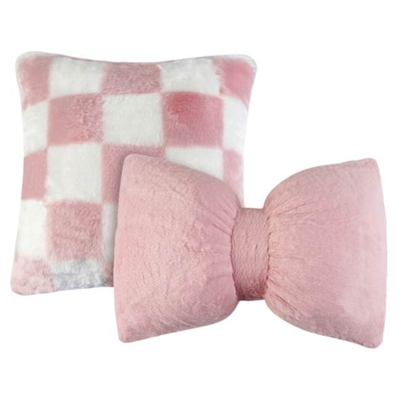 3-Pack Pink & White Checkered Faux Fur Throw Pillows