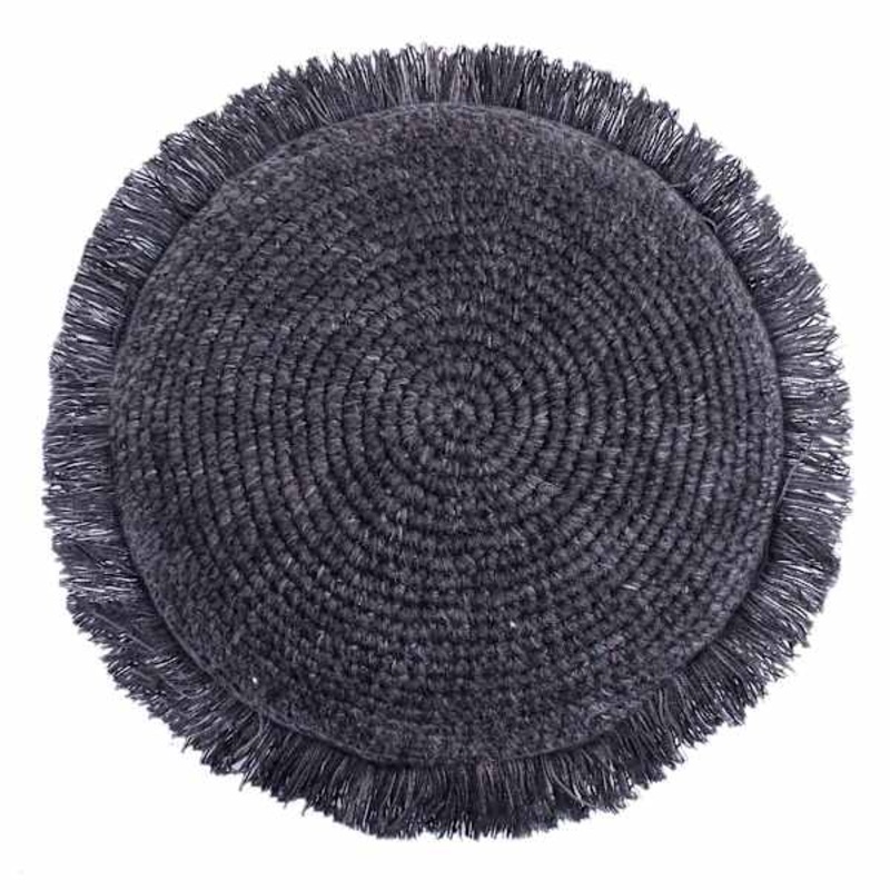 Black Knitted Round Throw Pillow with Fringe, 16″