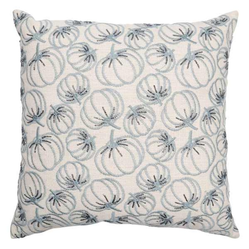 Blue Embroidered & Beaded Pumpkin Throw Pillow, 18″