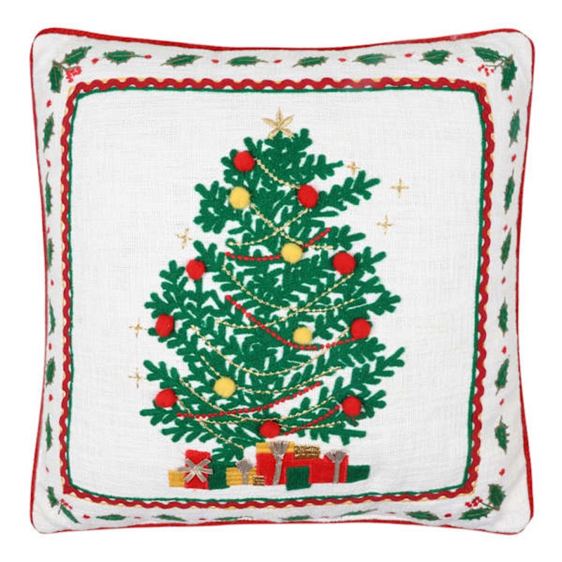Christmas Tree Embroidered Throw Pillow with Border, 18″