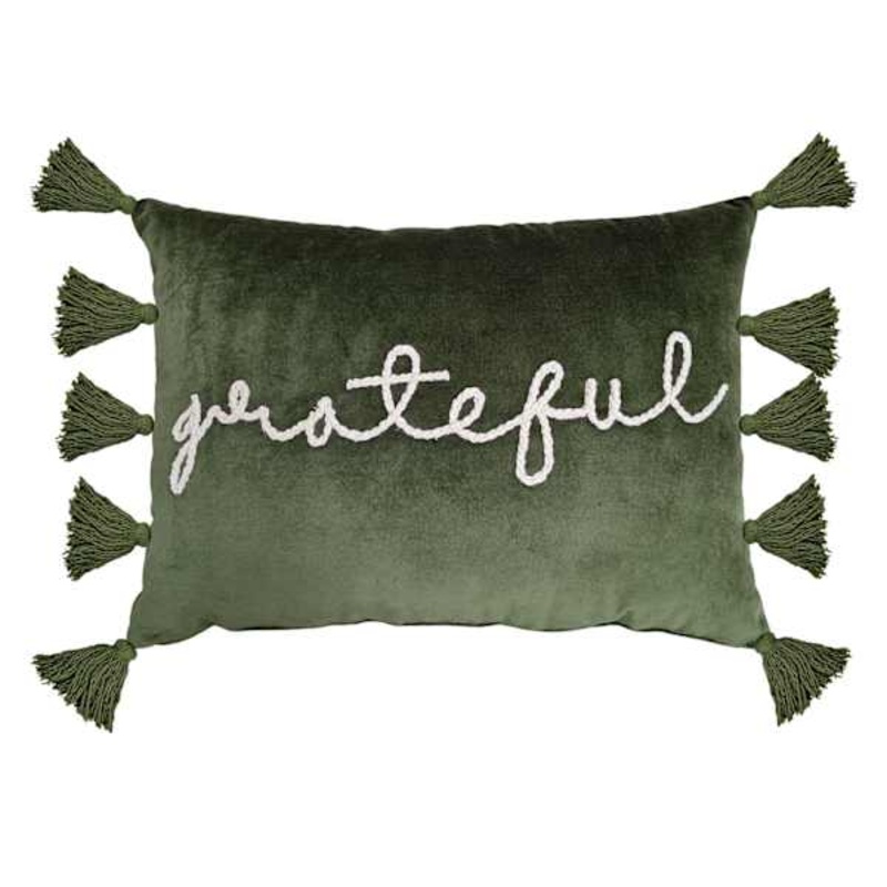 Green Grateful Throw Pillow With Tassels, 14×20