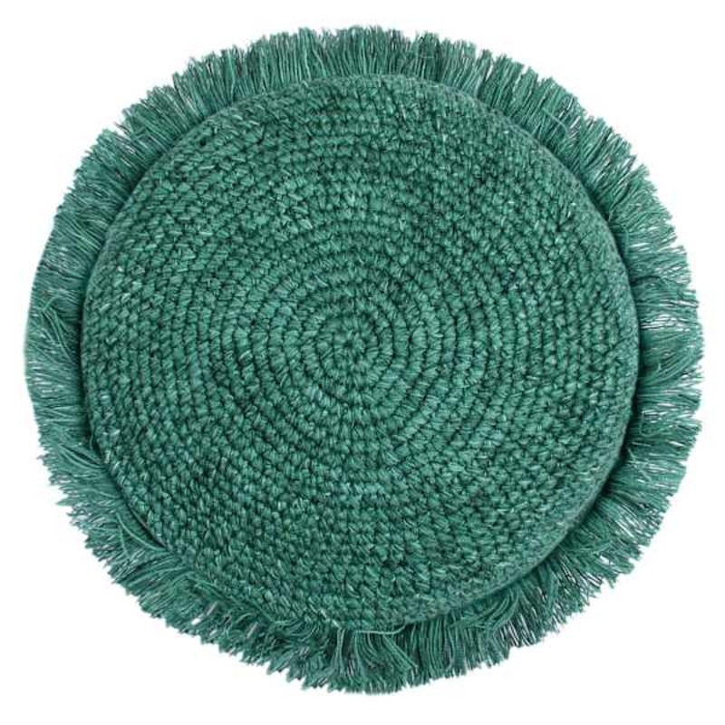 Green Knitted Round Throw Pillow with Fringe, 16″
