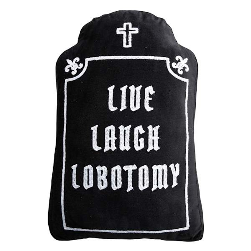 Midnight Shadows Live Laugh Lobotomy Headstone Shaped Throw Pillow, 18×12