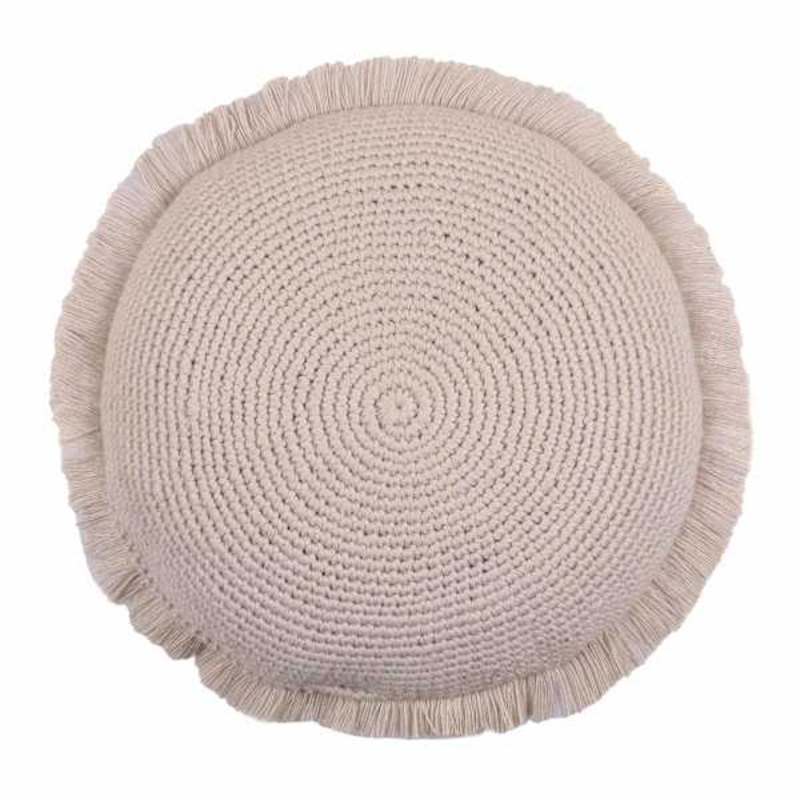 Taupe Knitted Round Throw Pillow with Fringe, 16″