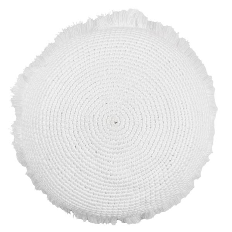 White Knitted Round Throw Pillow with Fringe, 16″
