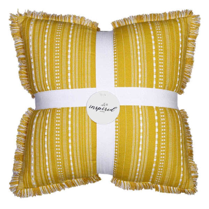 Yellow Striped Throw Pillow with Fringe, 20″