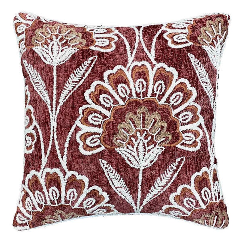 Burgundy Floral Chenille Embroidered Throw Pillow, 18″
