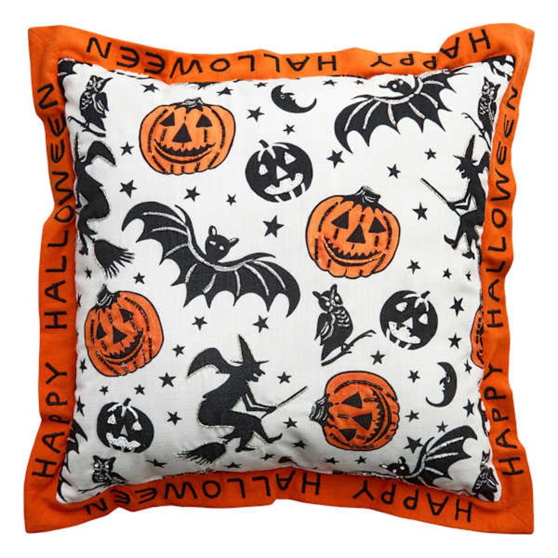 Vintage Halloween Icon Throw Pillow with Happy Halloween Flange, 18″