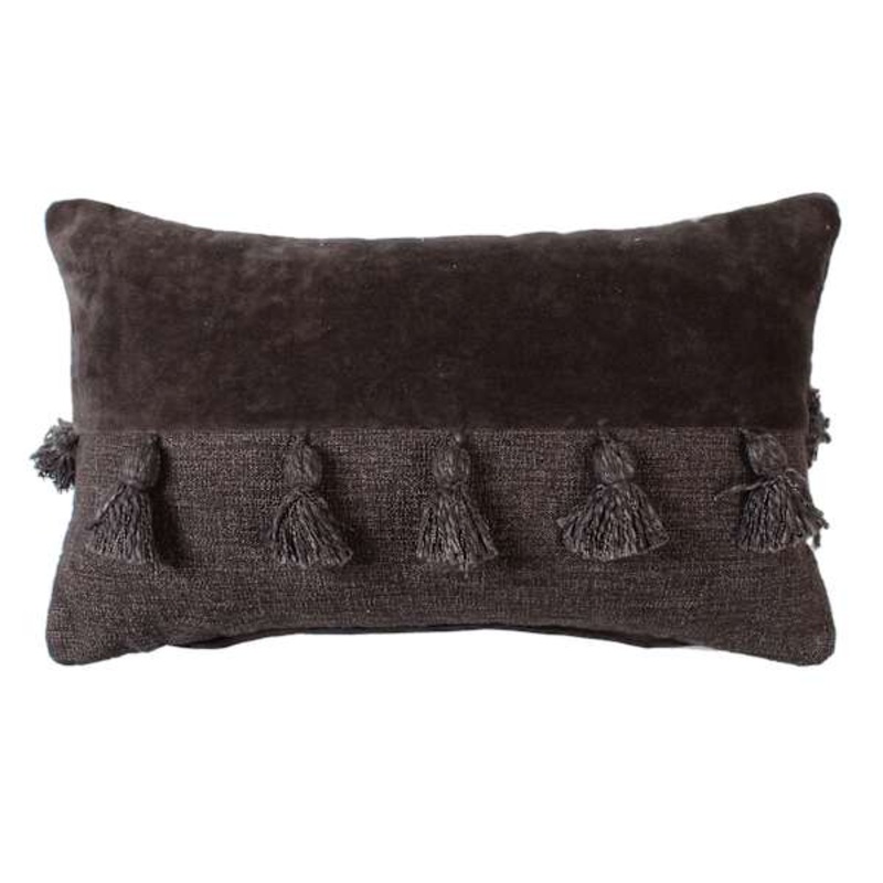 Black Textured Oblong Throw Pillow with Tassels, 14×24