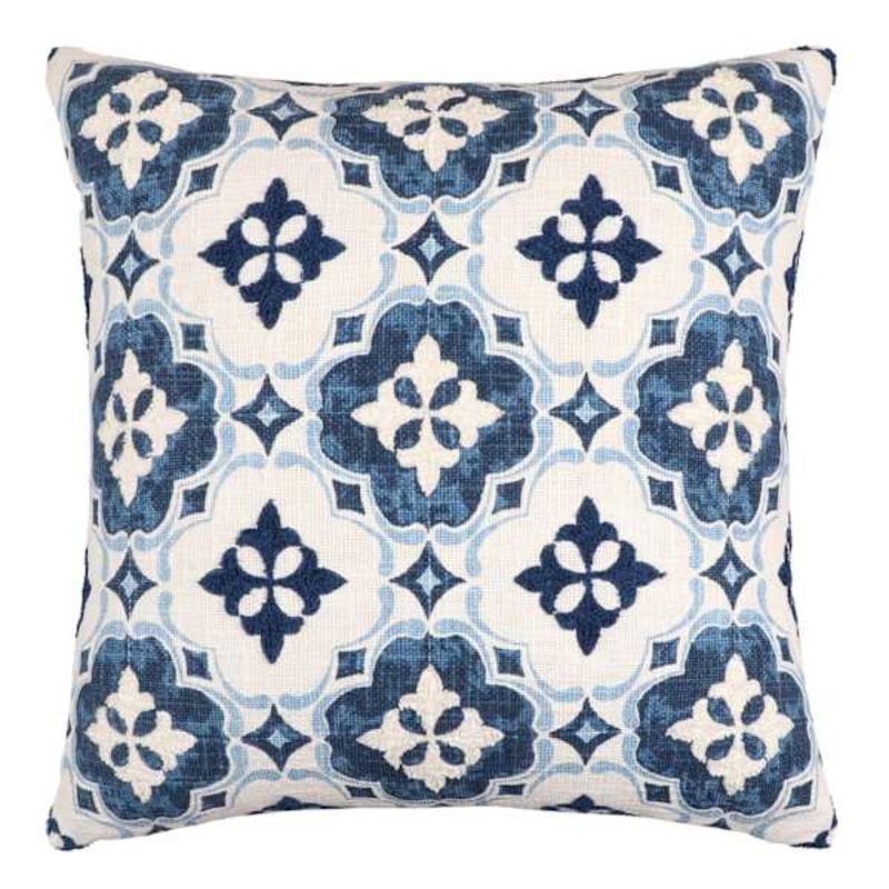 Blue Coastal Tile Embroidered Throw Pillow, 18″