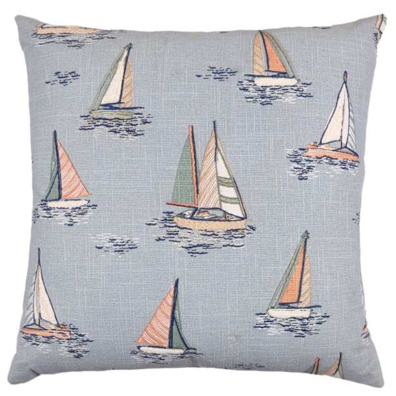 Blue Sailboat Embroidered Throw Pillow, 18″