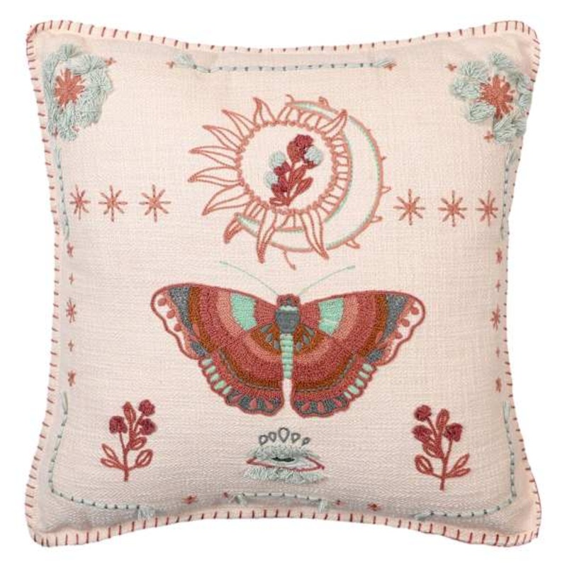 Embroidered Moth Throw Pillow, 18″