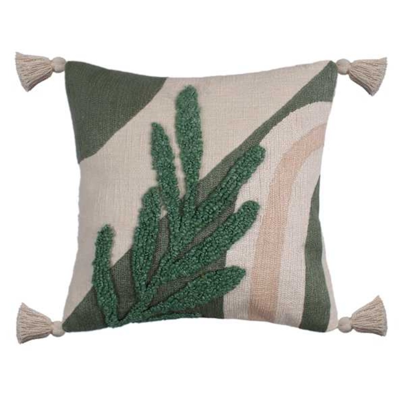 Green Embroidered Throw Pillow with Corner Tassels, 14″