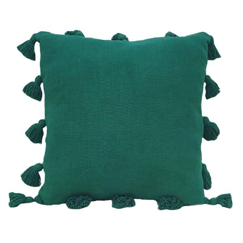 Green Linen Throw Pillow with Tassels, 18″
