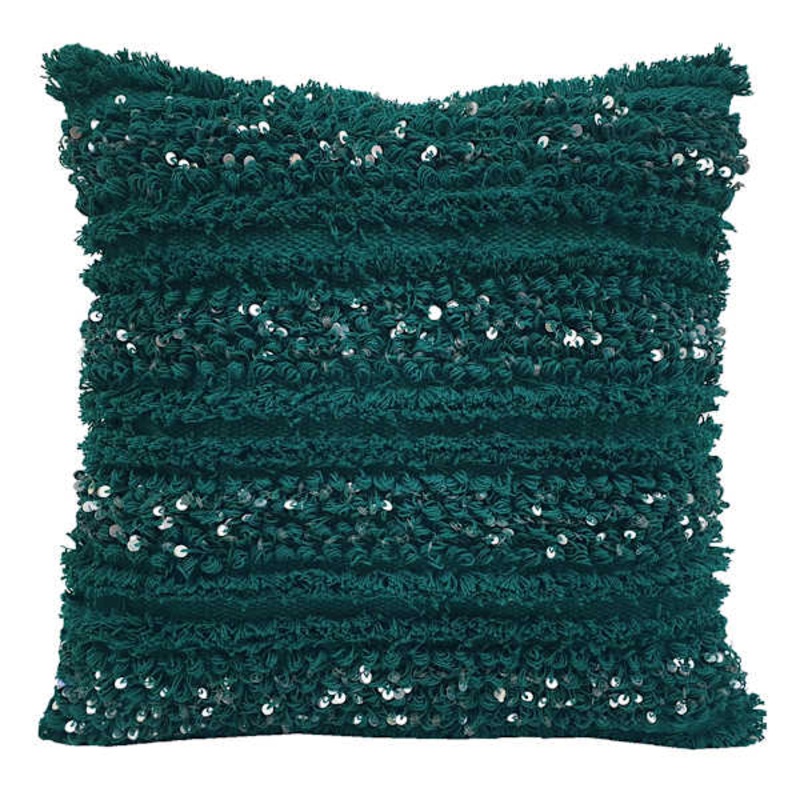 Green Tufted Throw Pillow with Sequins, 18″