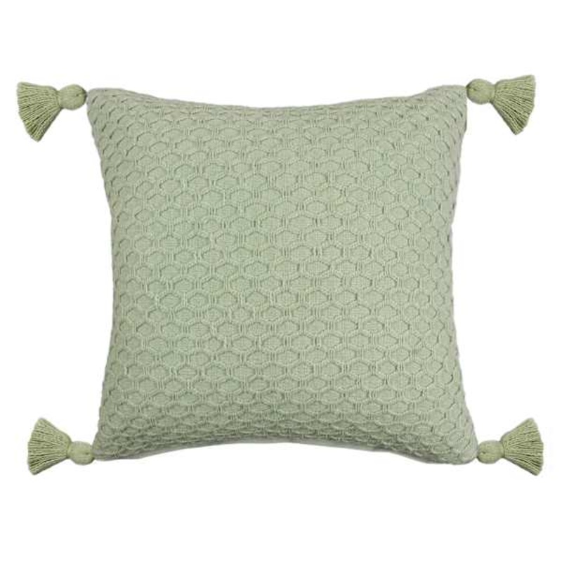 Green Woven Throw Pillow with Tassels, 18″