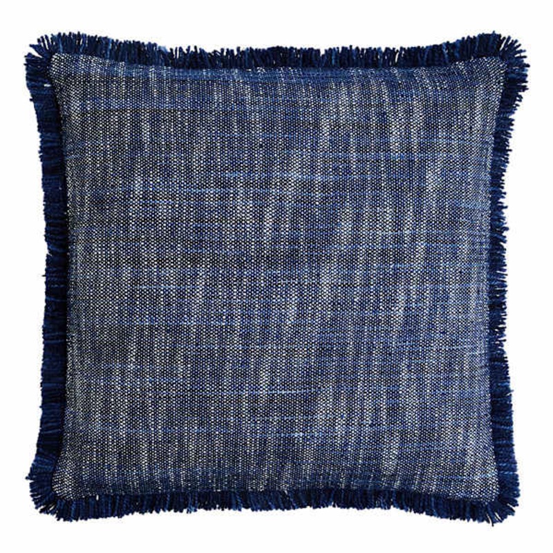 Honeybloom Dark Blue Solid Woven with Fringe Outdoor Throw Pillow, 18″