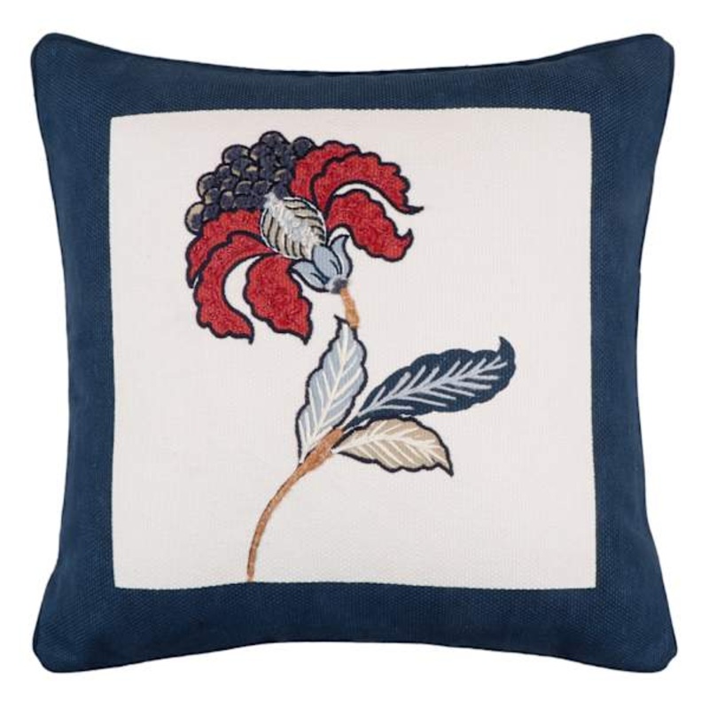 Blue Embroidered Flower Throw Pillow, 18″