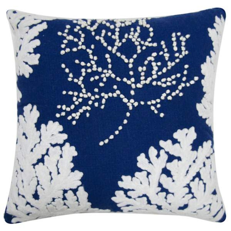 Coral Embroidered Blue & White Throw Pillow, 18″