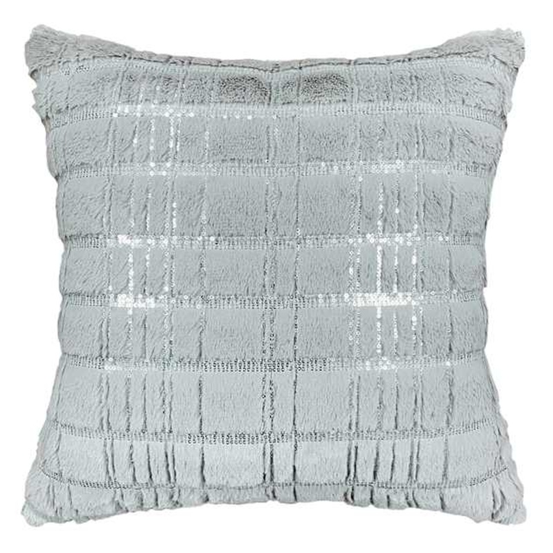 Grey Glittered Plush Grid Throw Pillow, 18″