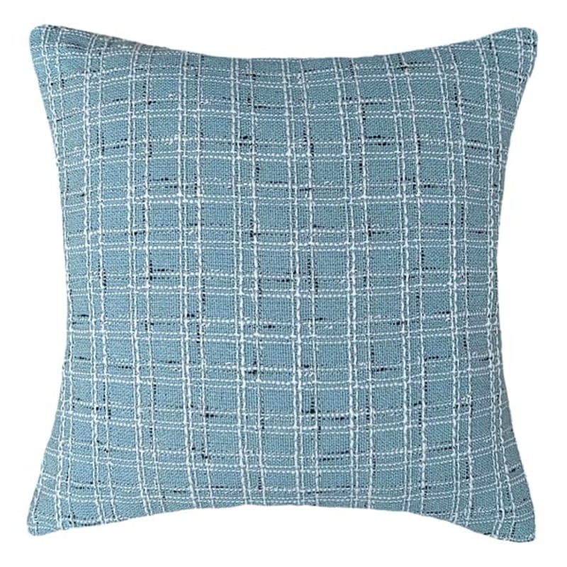 Light Blue Woven Plaid Throw Pillow, 18″