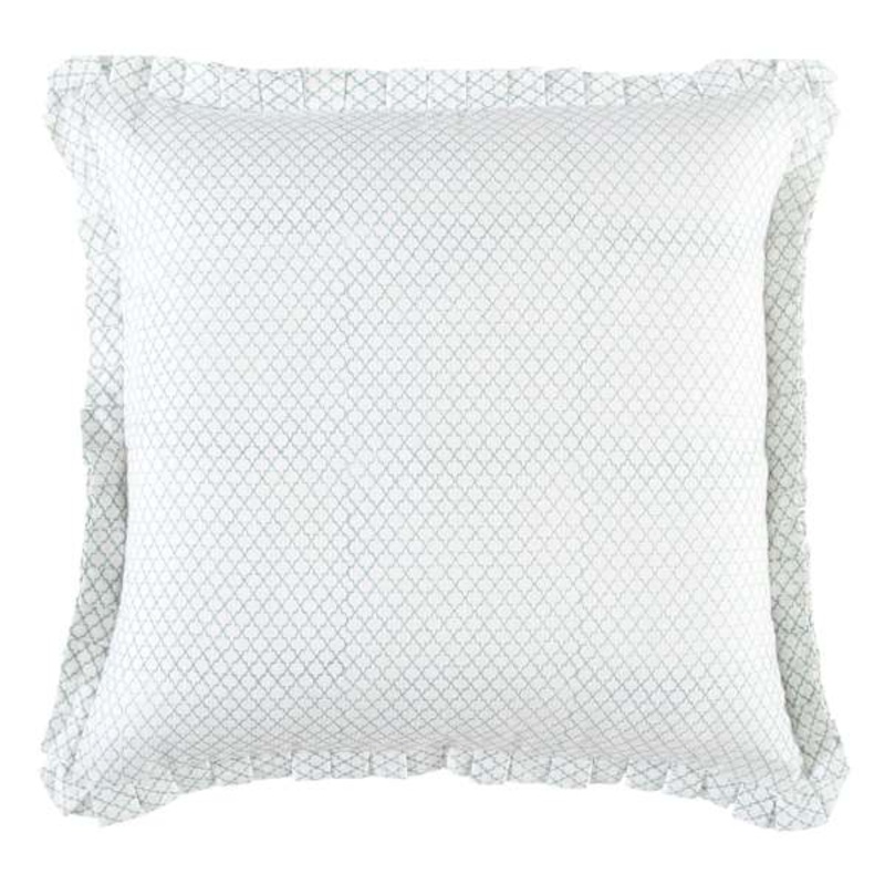 White Cotton Block Print Throw Pillow with Pleated Edge, 18″