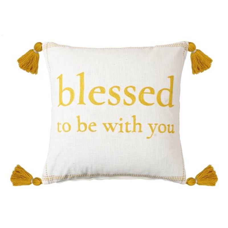 Yellow Blessed to Be with You Embroidered Throw Pillow with Tassels, 20″