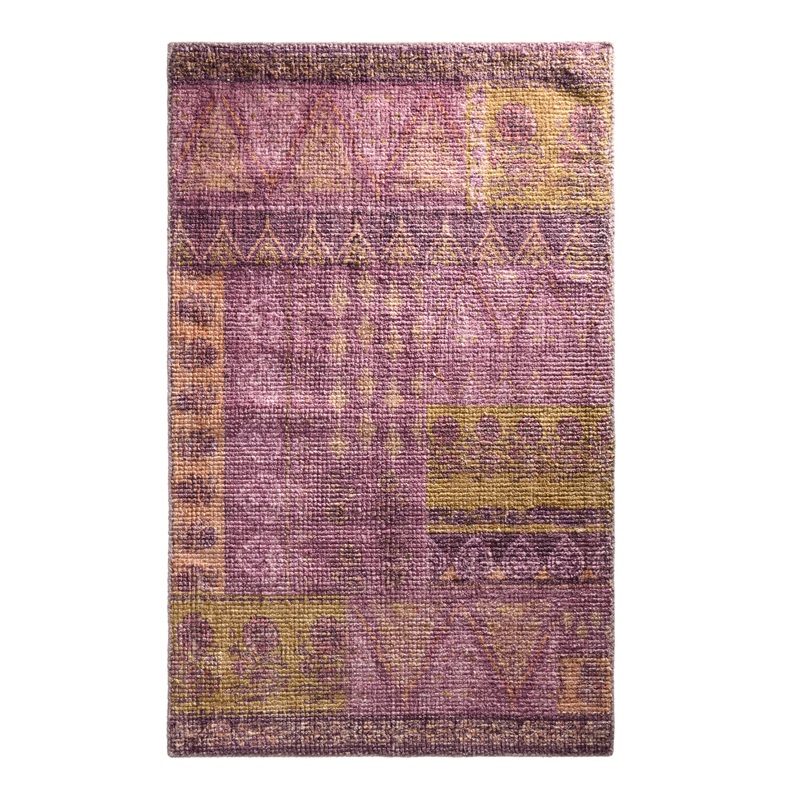Fuchsia and Ochre Floral Patchwork Woven Wool Blend Area Rug