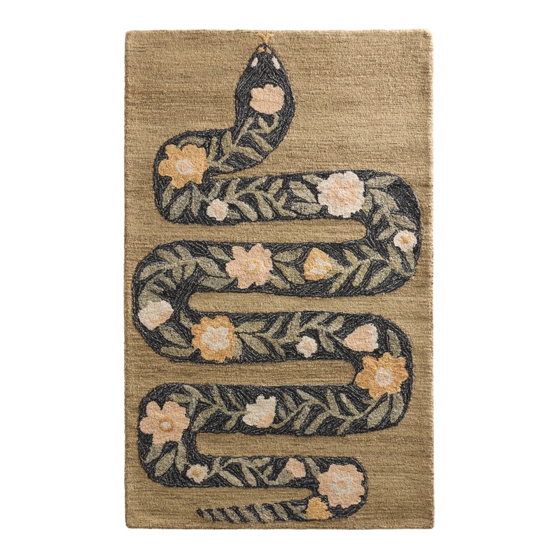 Green and Brown Floral Snake Hand Tufted Wool Area Rug