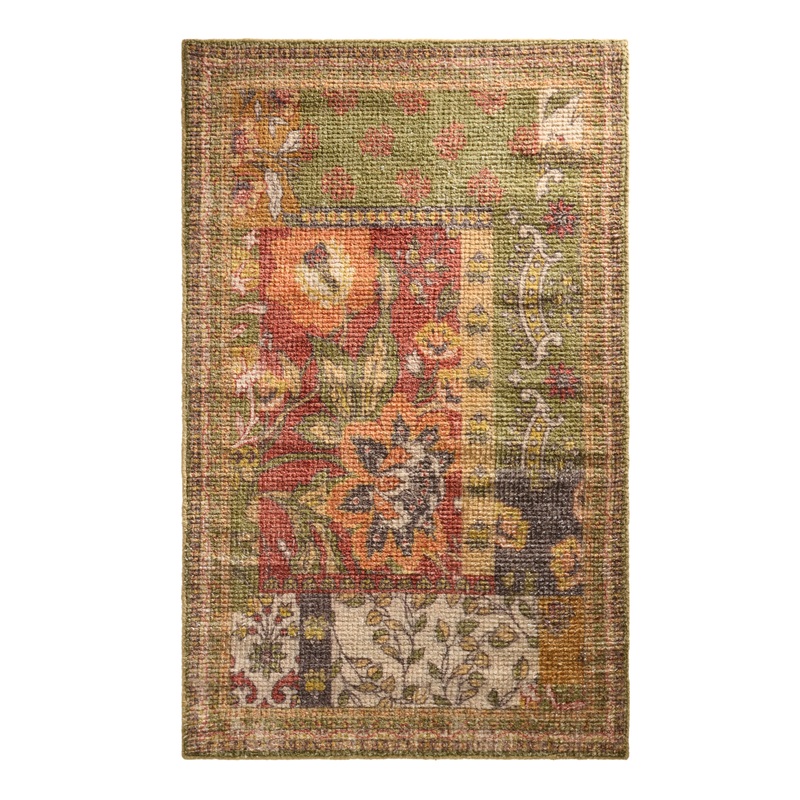 Green Multicolor Floral Patchwork Woven Wool Blend Area Rug