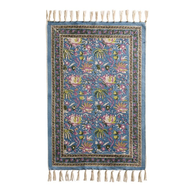 Yasemin Blue and Chartreuse Floral Block Print Reversible Area Rug