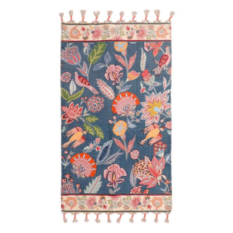 Floral & Bird Embroidered Blue Accent Rug, 27×45