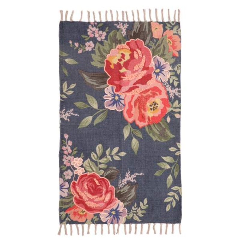 Large Floral Embroidered Navy Accent Rug, 27×45