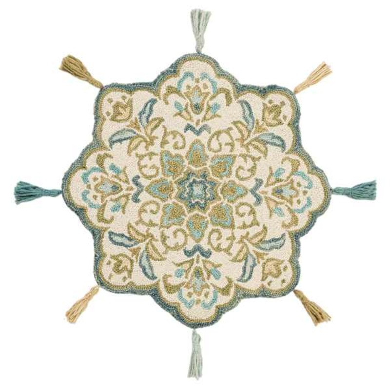 Moira Green & Blue Round Accent Rug with Tassels, 32″