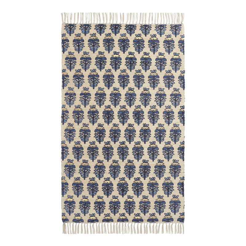 Buti Indigo Blue and Gold Floral Jute and Cotton Area Rug
