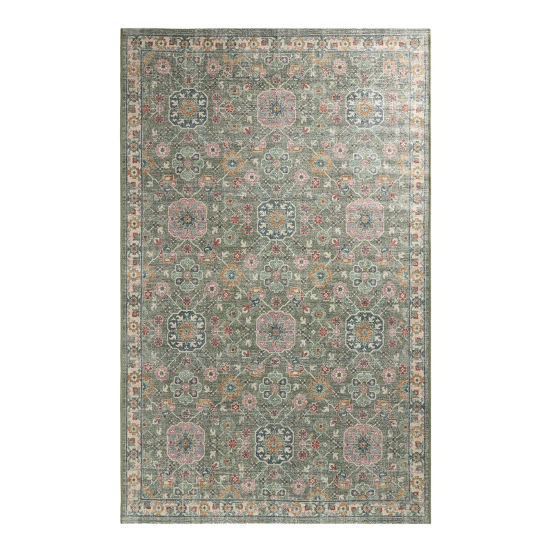Talia Green Floral Traditional Style Washable Area Rug
