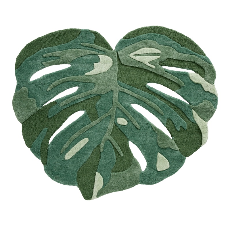 Tonal Green Monstera Leaf Shaped Tufted Wool Area Rug