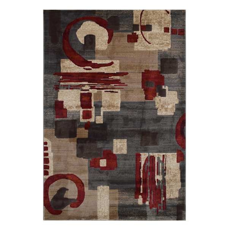 (B142) Modern Beige & Red Abstract Area Rug, 5×7