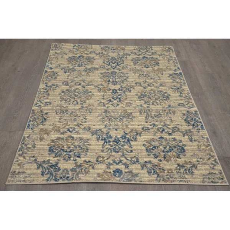 (B304) Ivory & Blue Floral Design Area Rug, 5×7