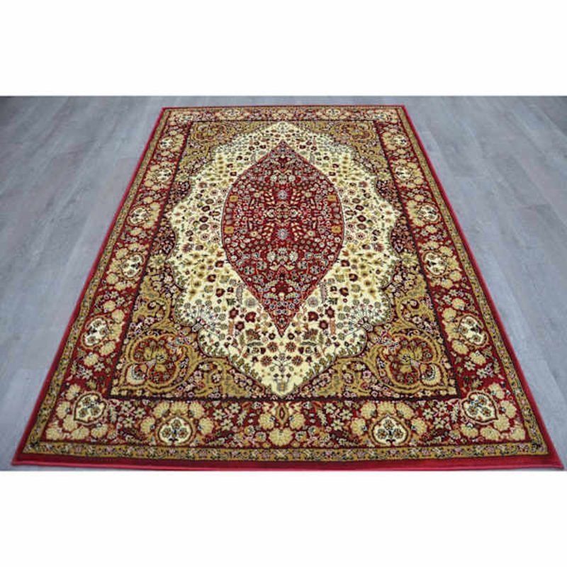 (B33) Ivory & Red Traditional Teardrop Design Accent Rug, 2×4