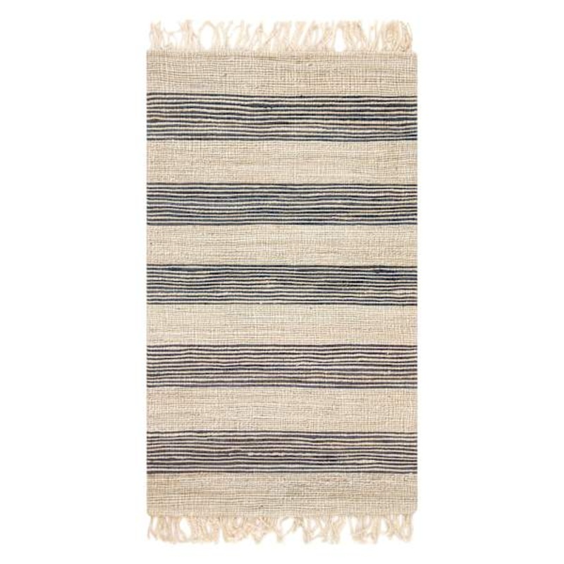 (B497) Hazel Natural & Navy Striped Hand Woven Jute Accent Rug, 3×5