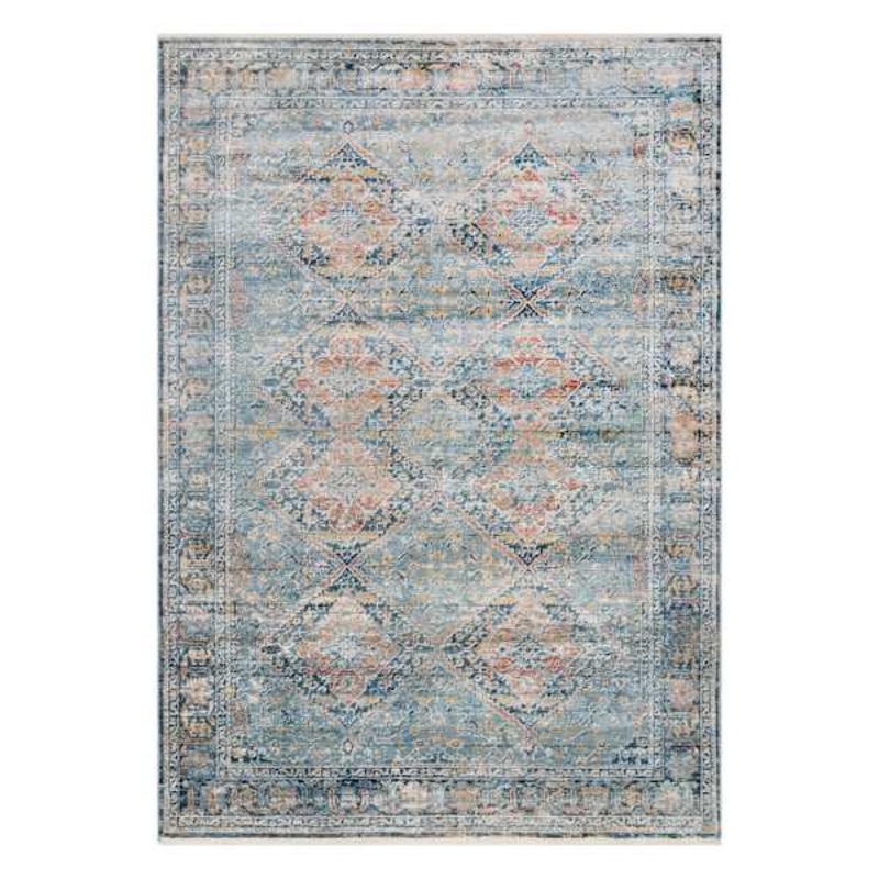 (B652) Genevieve Red & Blue Distress Look Area Rug, 5×8