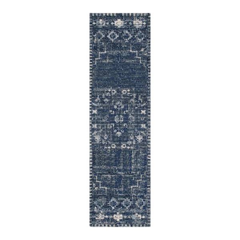 (B823) Teagan Navy Blue Floral Flatweave Runner, 2×7