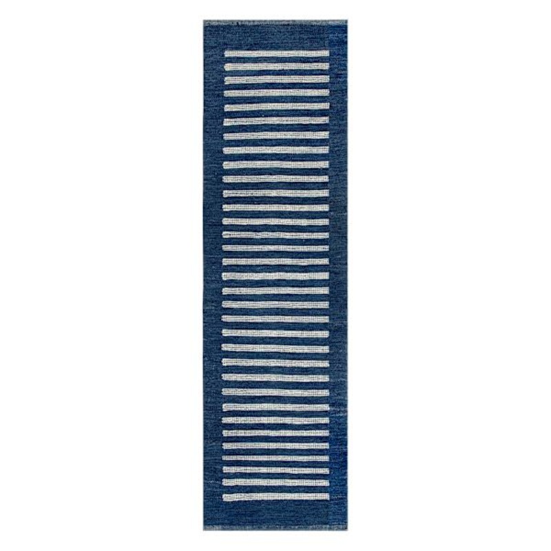 (B856) Honeybloom Roka Blue & White Striped Runner, 2×7