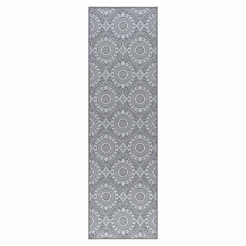 (D375) Grey Medallion & Geometric Patterned Runner, 2×7